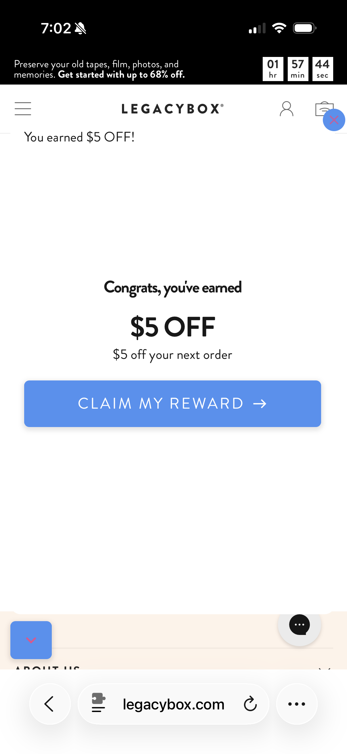 Legacybox pop-up screen 5 — SMS reward promise